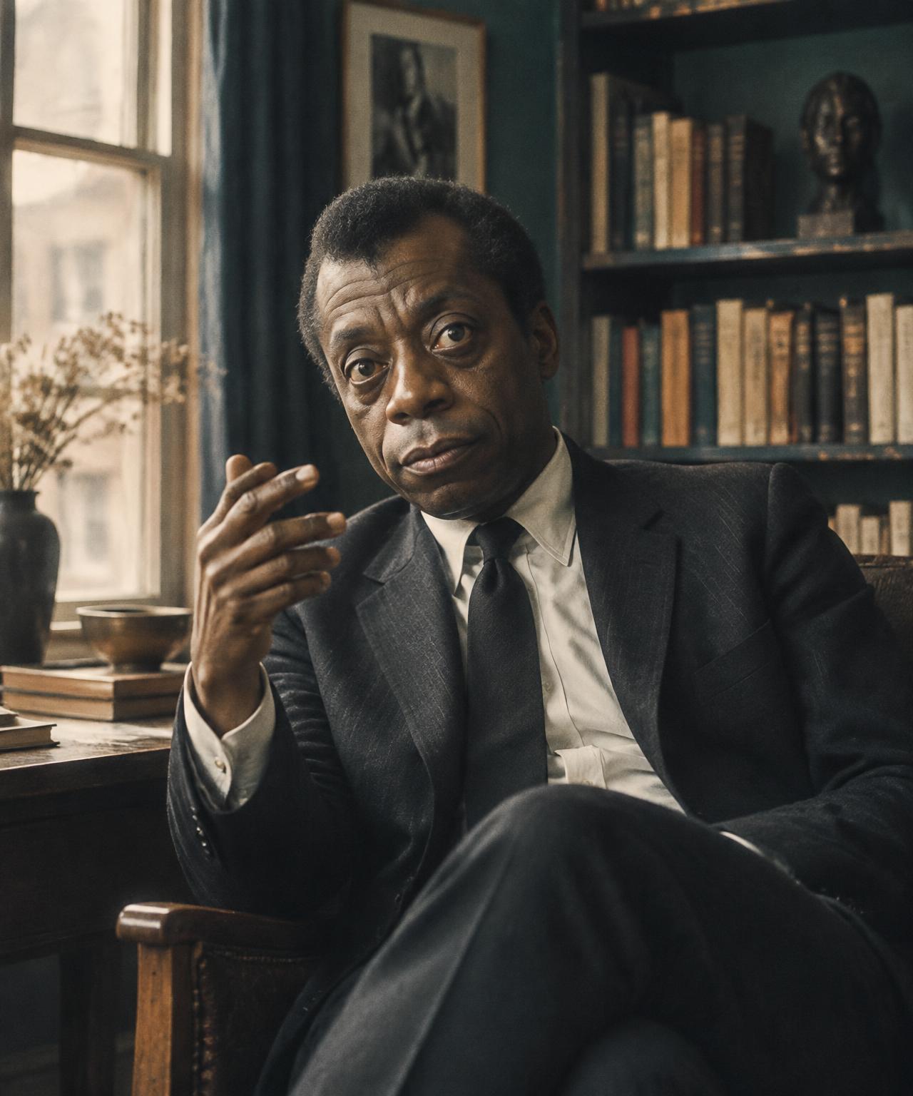 Editorial portrait of James Baldwin in a book-lined study